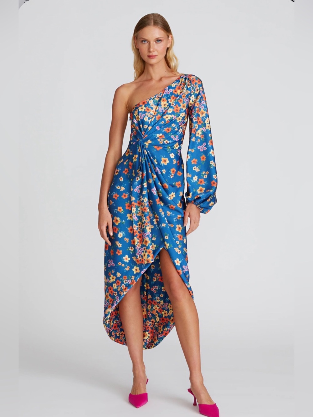 NWT AMUR One-Shoulder Blue Floral Twist Midi Dress